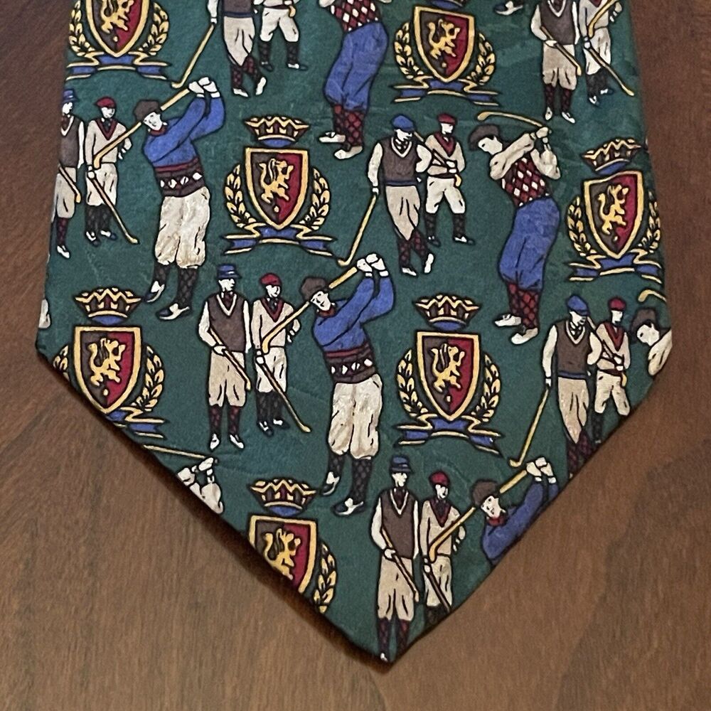 Vintage Raphael Roma Milano Green HandMade 100% Silk Men’s Neck Tie Golf Print ￼
